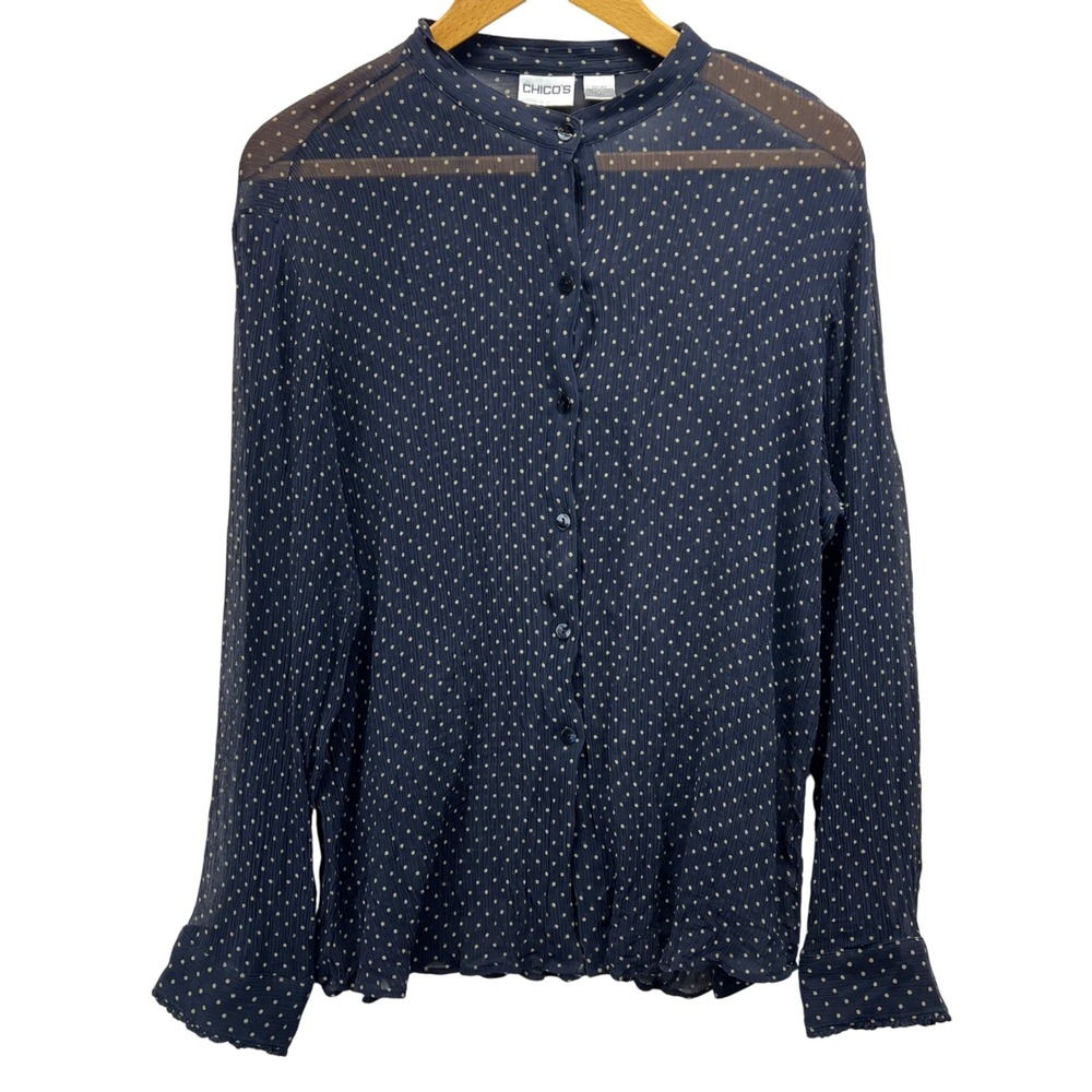 Chicos Dark Navy Polka Dot Semi Sheer 100% Silk Button Up Blouse Size 3 XL